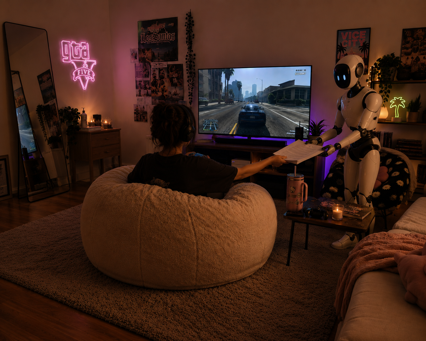 The same gaming den. A humanoid robot now stands behind the player&rsquo;s shoulder, holding out a sheet of paper toward them as if offering a walkthrough.